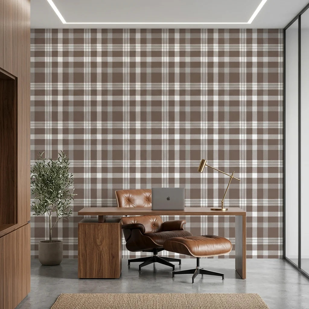 Moors &amp; Mist warm brown plaid check as a feature wall in a bright home office
