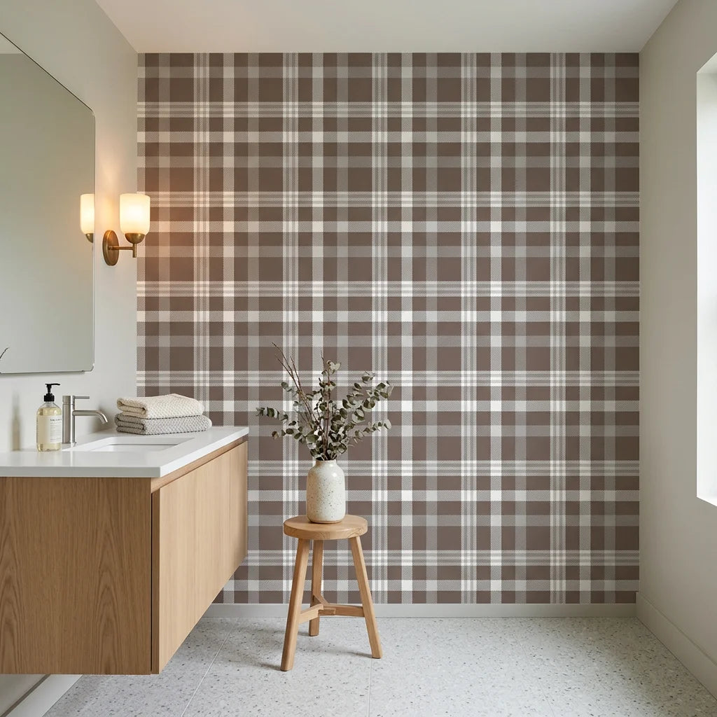 Moors &amp; Mist warm brown plaid check creating ambiance in a serene bathroom