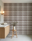 Moors & Mist warm brown plaid check creating ambiance in a serene bathroom