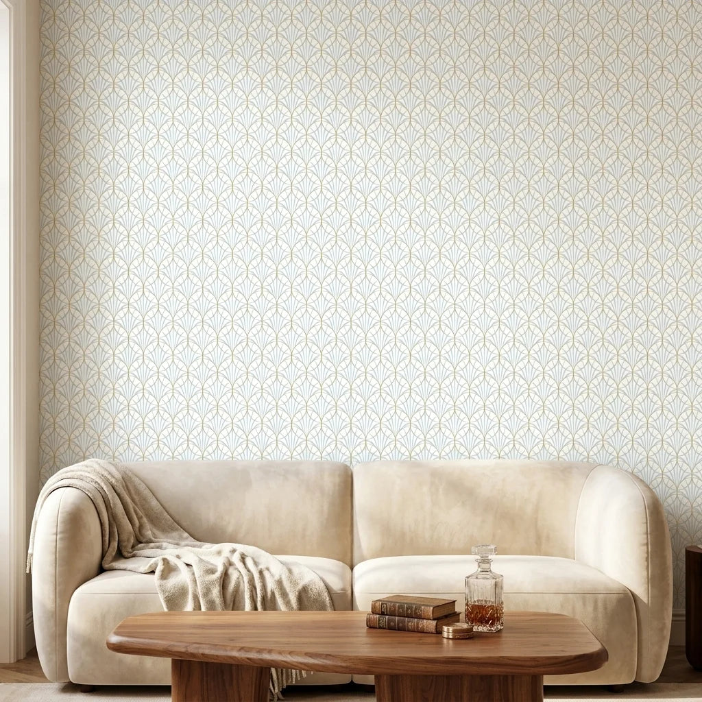 Morning Dew serene light blue and gold art deco wallpaper creating ambiance in a serene bathroom
