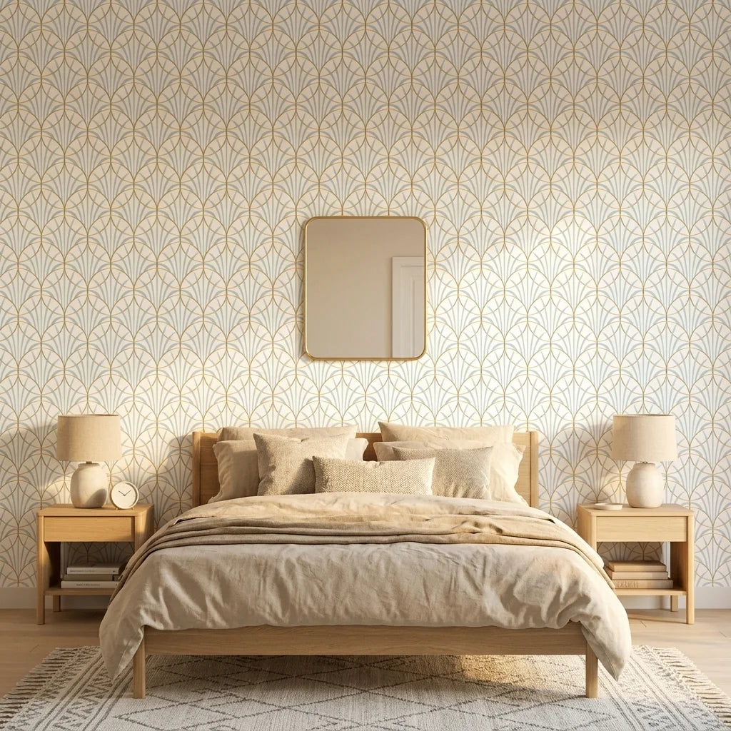 Morning Dew serene light blue and gold art deco wallpaper in a warm and inviting living room