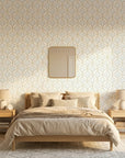 Morning Dew serene light blue and gold art deco wallpaper in a warm and inviting living room