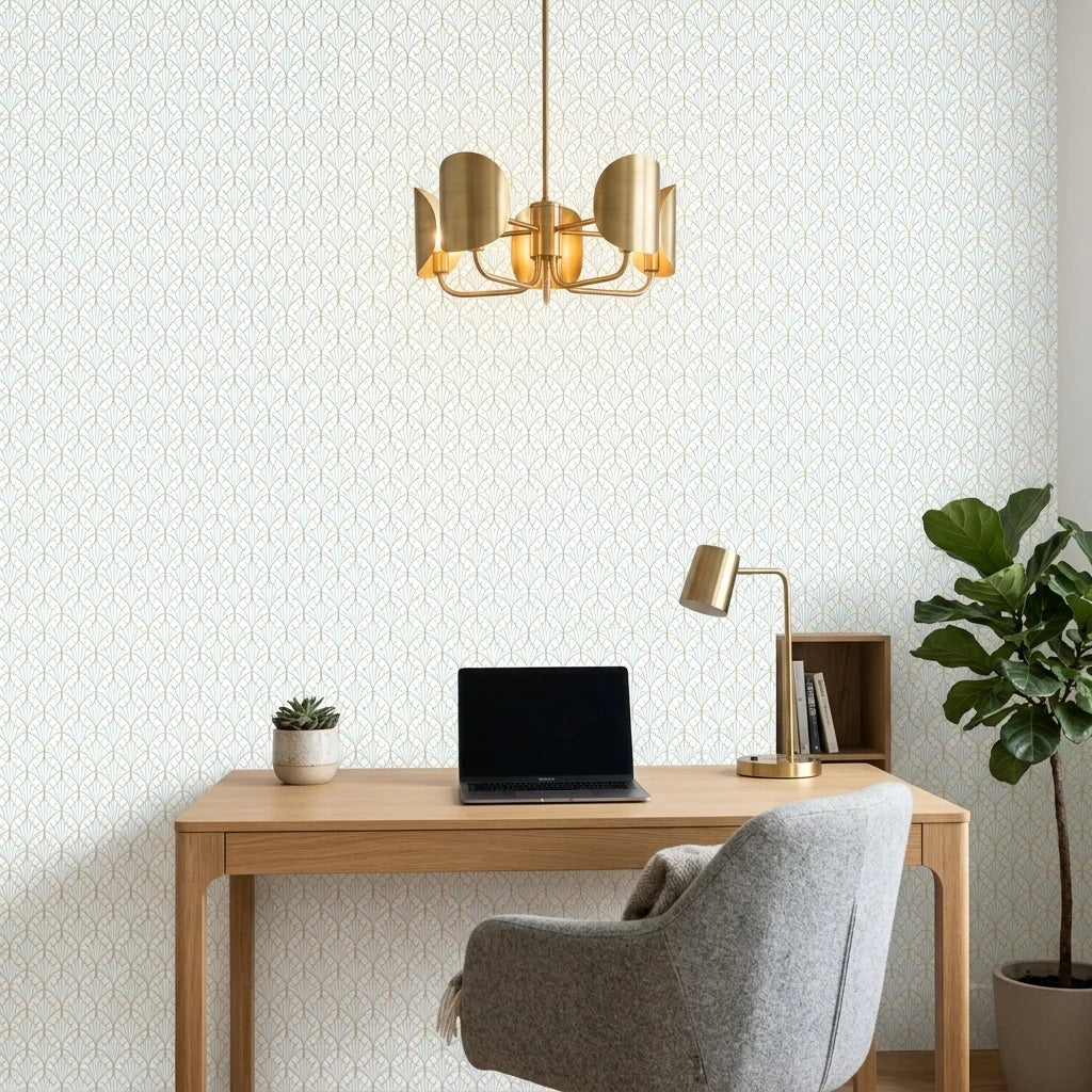 Morning Dew serene light blue and gold art deco wallpaper adding character to a cozy bedroom
