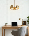 Morning Dew serene light blue and gold art deco wallpaper adding character to a cozy bedroom