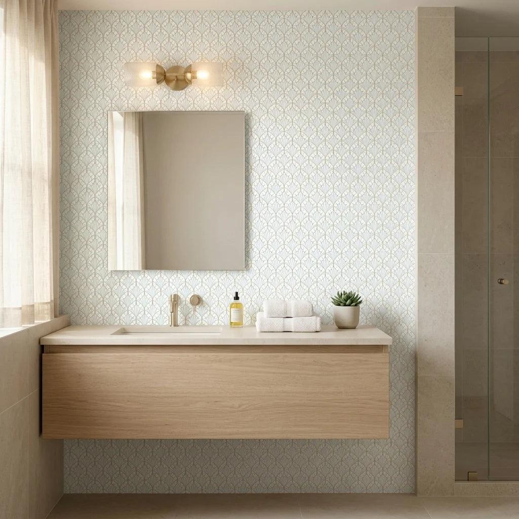 Morning Dew serene light blue and gold art deco wallpaper as a feature wall in a bright home office