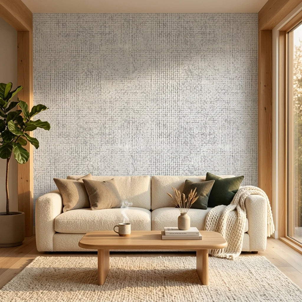 Morning Frost grey abstract weave wallpaper in a warm and inviting living room