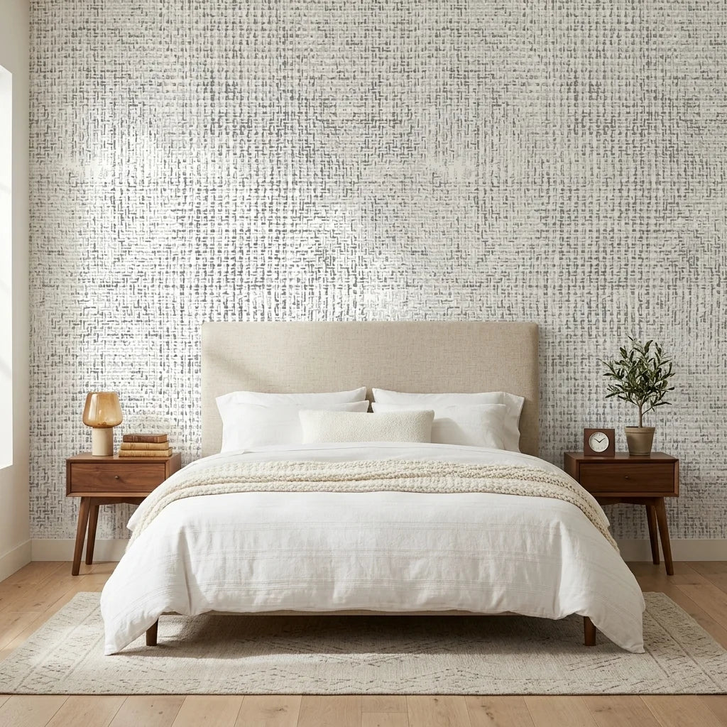 Morning Frost grey abstract weave wallpaper adding character to a cozy bedroom