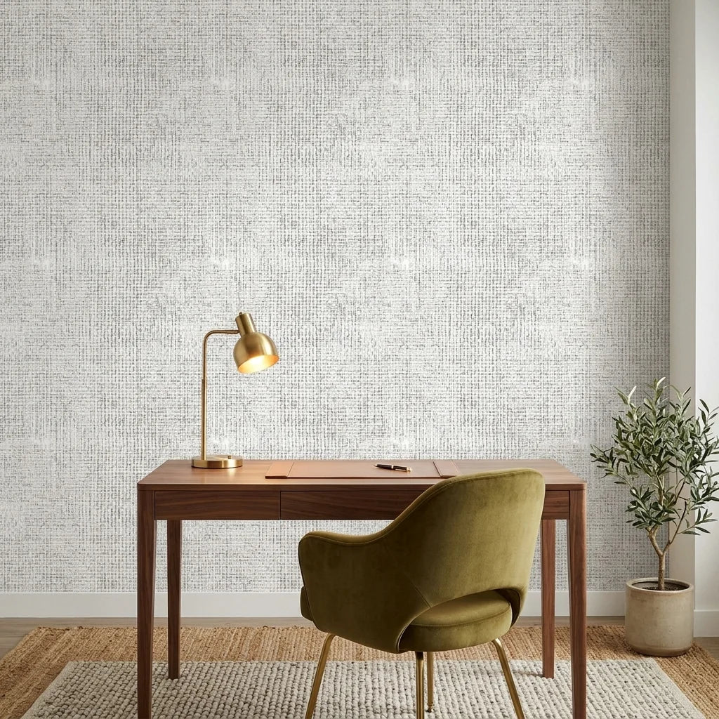 Morning Frost grey abstract weave wallpaper as a feature wall in a bright home office
