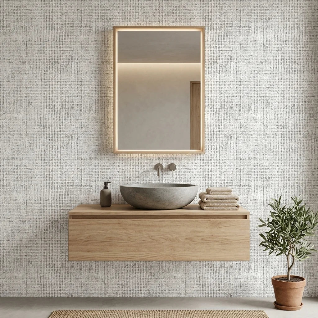 Morning Frost grey abstract weave wallpaper creating ambiance in a serene bathroom