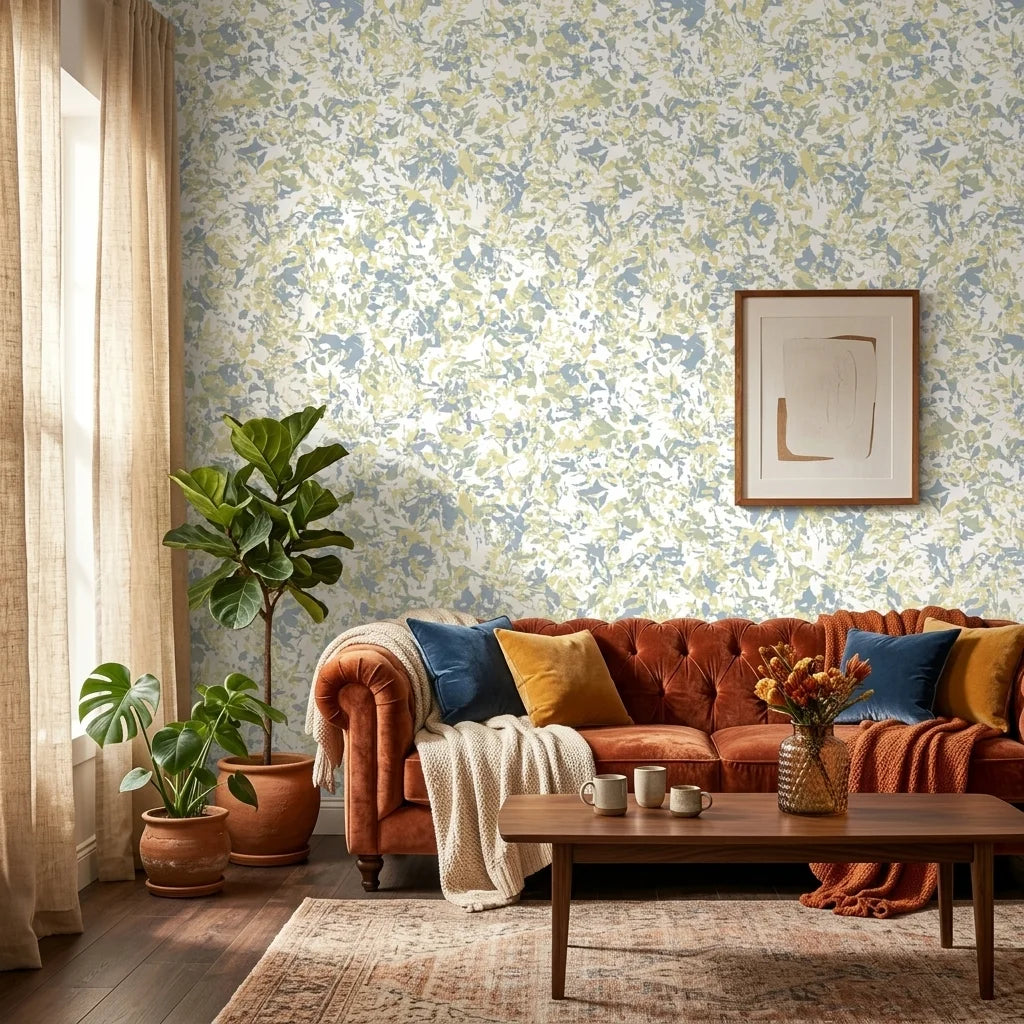 Morning Haze serene blue abstract wallpaper in a warm and inviting living room