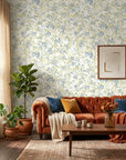 Morning Haze serene blue abstract wallpaper in a warm and inviting living room