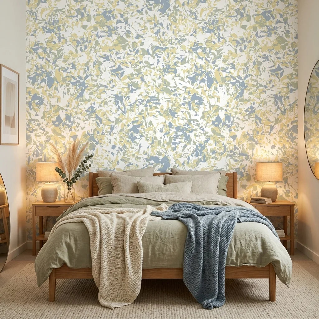 Morning Haze serene blue abstract wallpaper adding character to a cozy bedroom