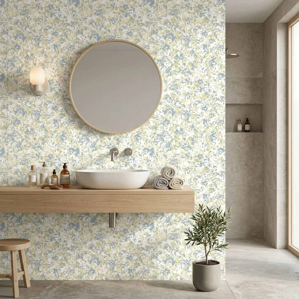 Morning Haze serene blue abstract wallpaper creating ambiance in a serene bathroom