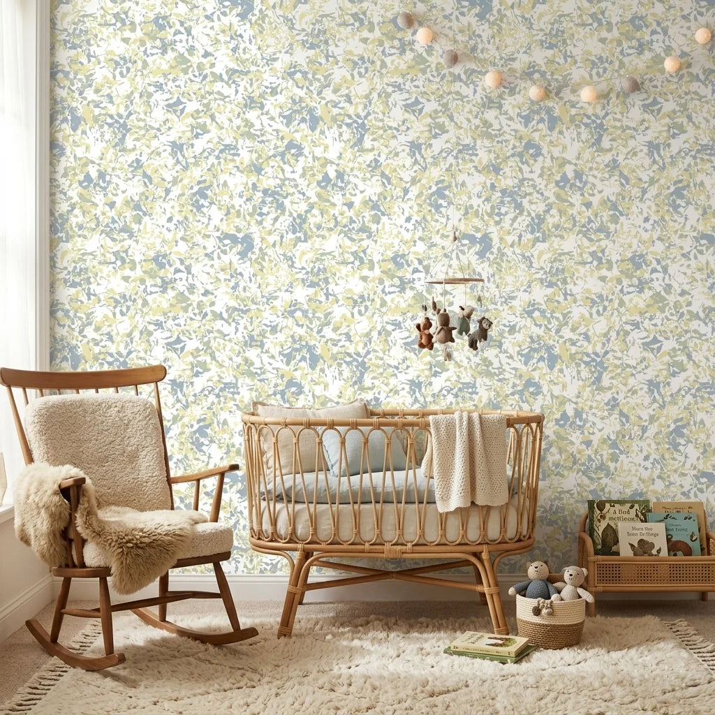 Morning Haze serene blue abstract wallpaper bringing warmth to a peaceful nursery