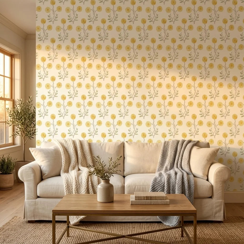 Morning Meadow yellow floral peel and stick wallpaper in a warm and inviting living room