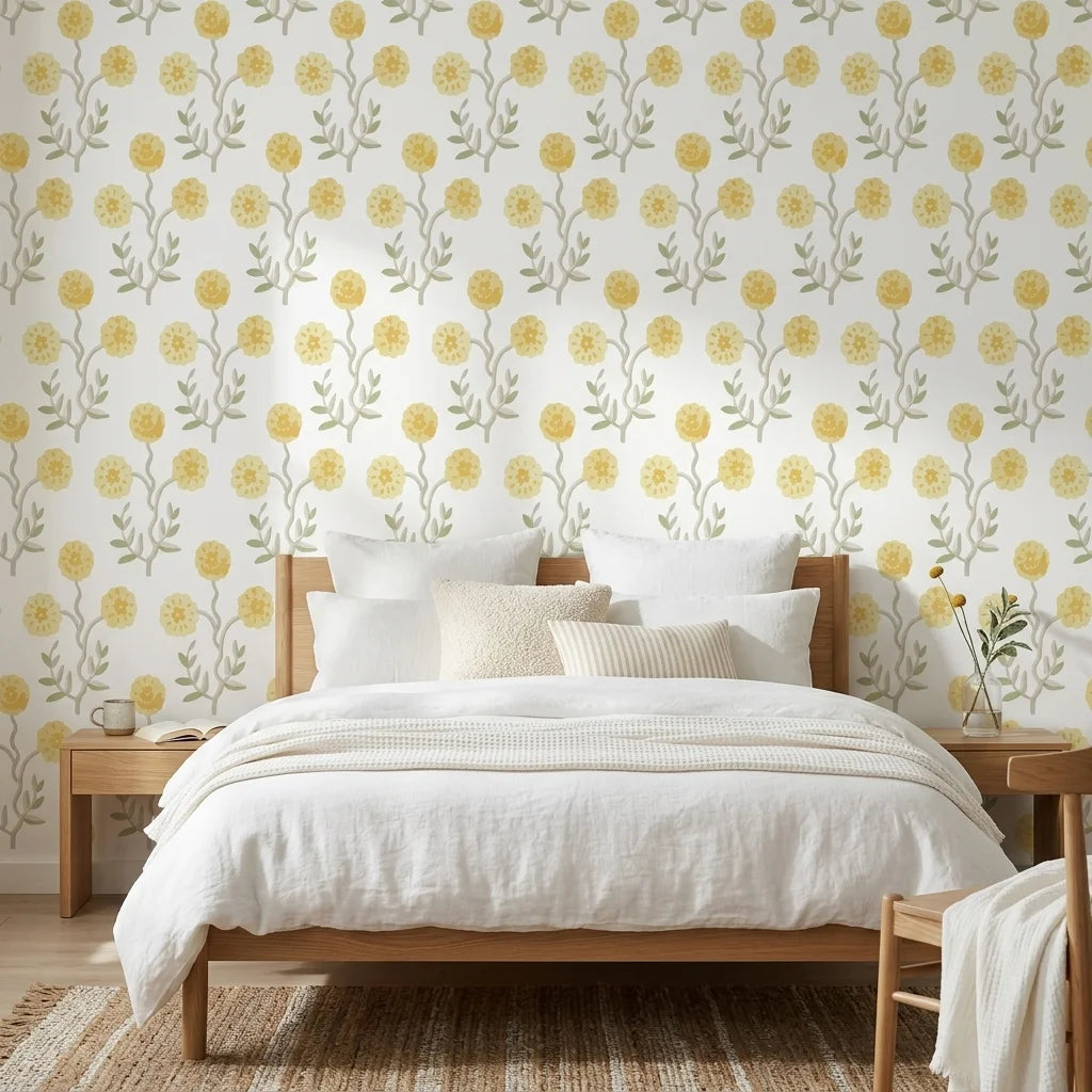 Morning Meadow yellow floral peel and stick wallpaper adding character to a cozy bedroom