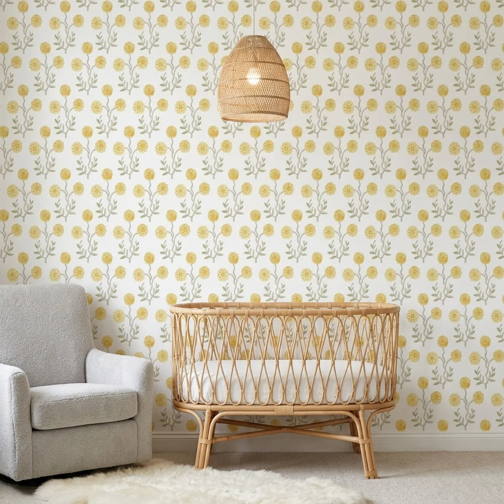Morning Meadow yellow floral peel and stick wallpaper as a feature wall in a bright home office