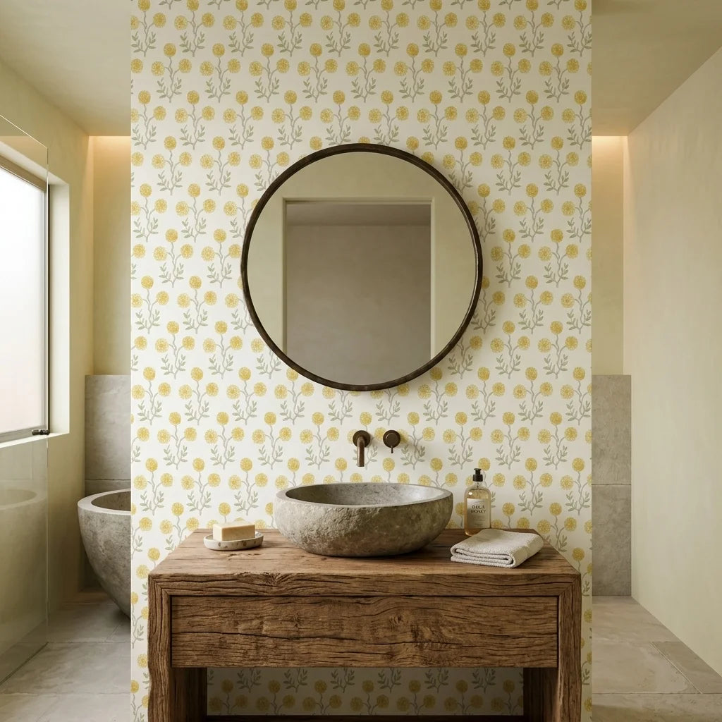 Morning Meadow yellow floral peel and stick wallpaper creating ambiance in a serene bathroom
