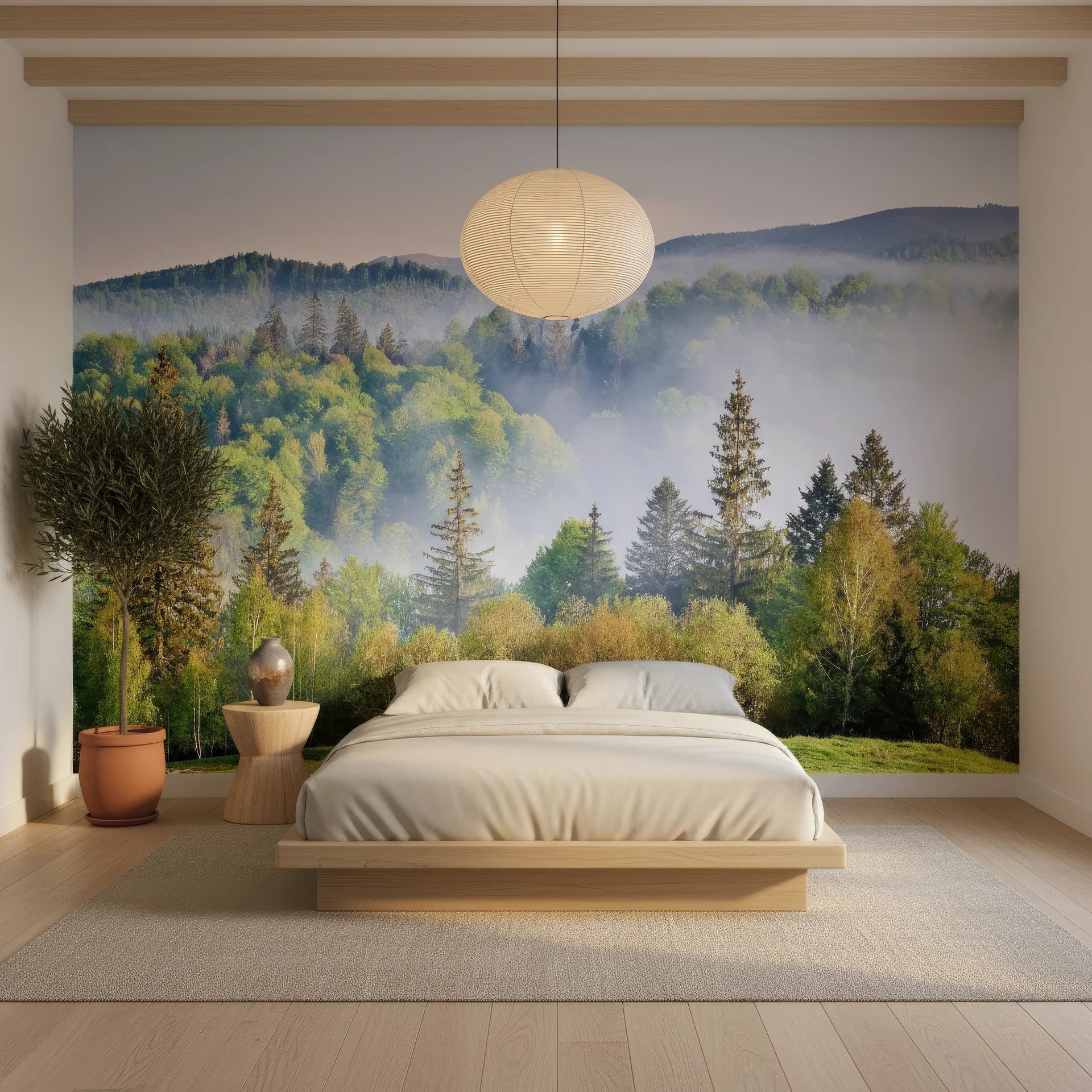 Soft morning fog over peaceful landscape removable wallpaper