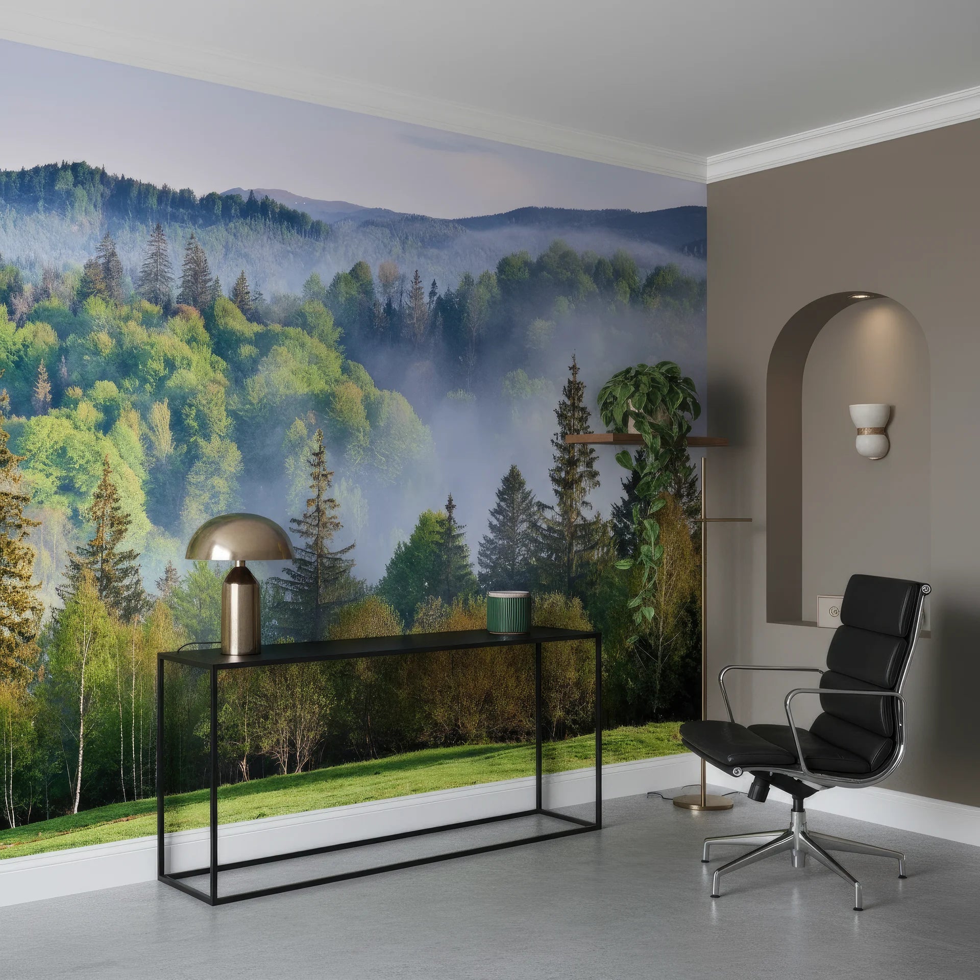 Morning fog rolling through natural scenery removable wall mural