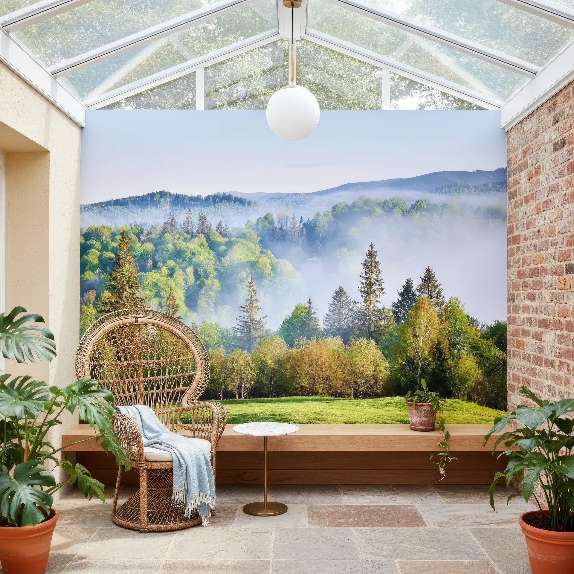 Misty morning light over tranquil landscape peel and stick wallpaper