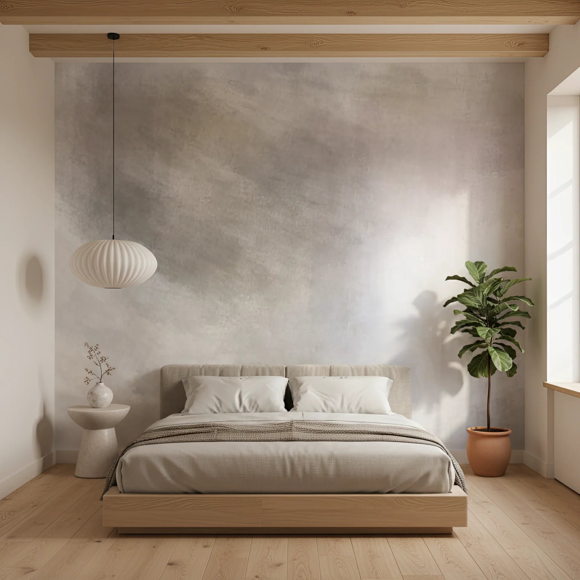 Soft neutral peel and stick wallpaper with atmospheric layering