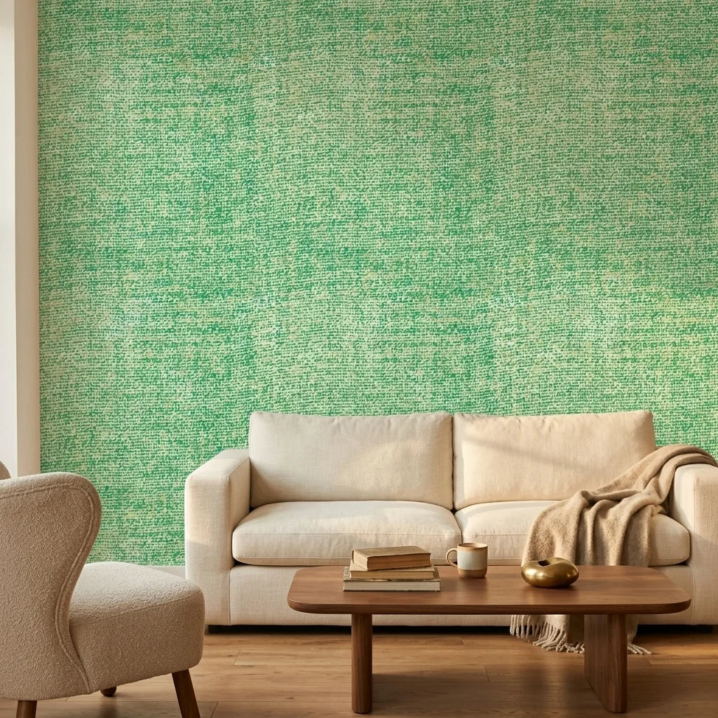 Moss Field green organic texture wallpaper in a warm and inviting living room