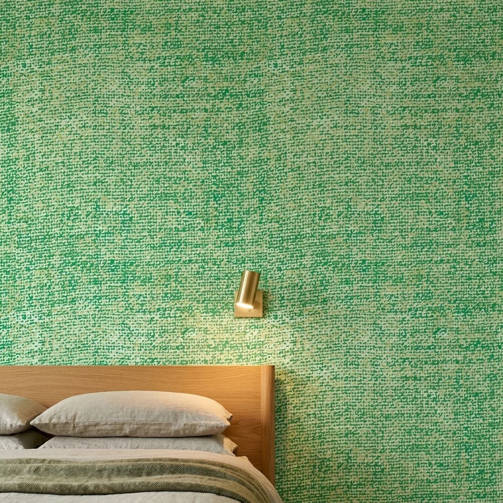 Moss Field green organic texture wallpaper adding character to a cozy bedroom