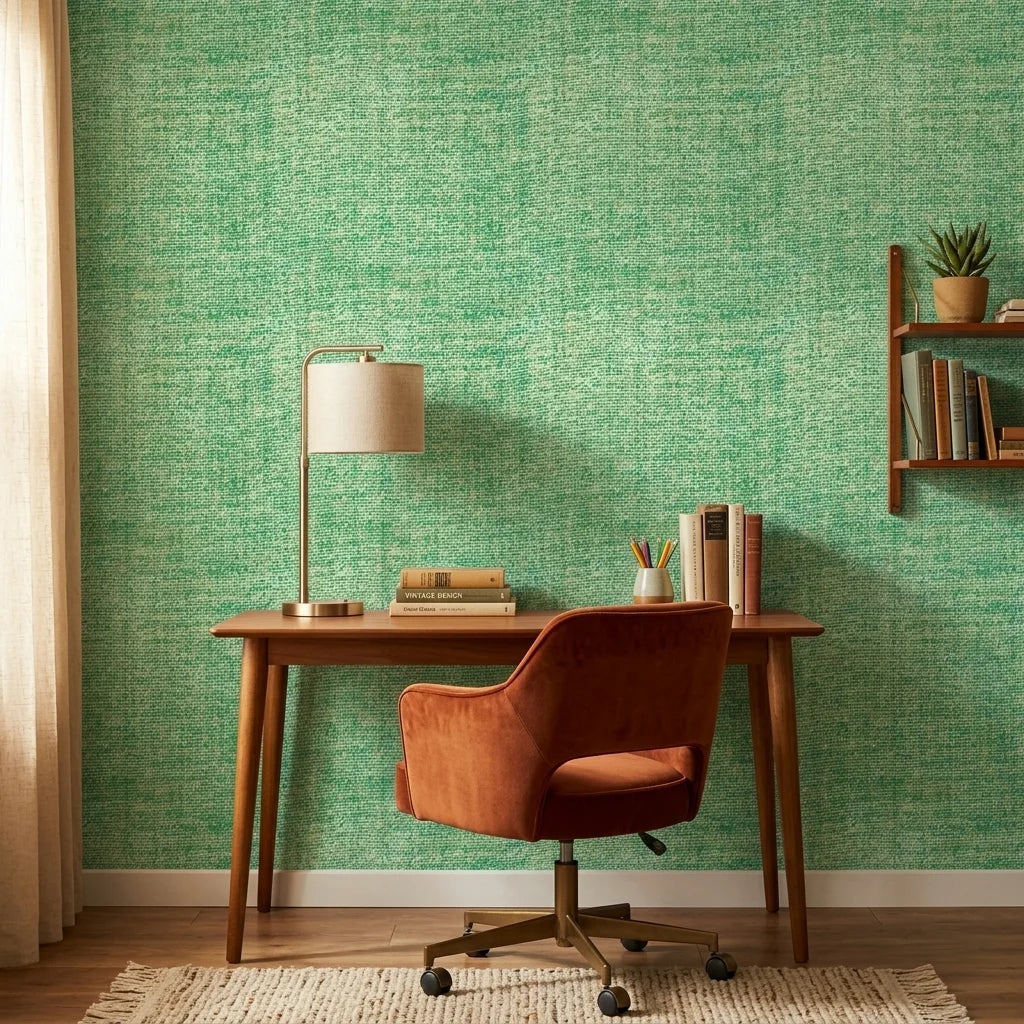 Moss Field green organic texture wallpaper as a feature wall in a bright home office