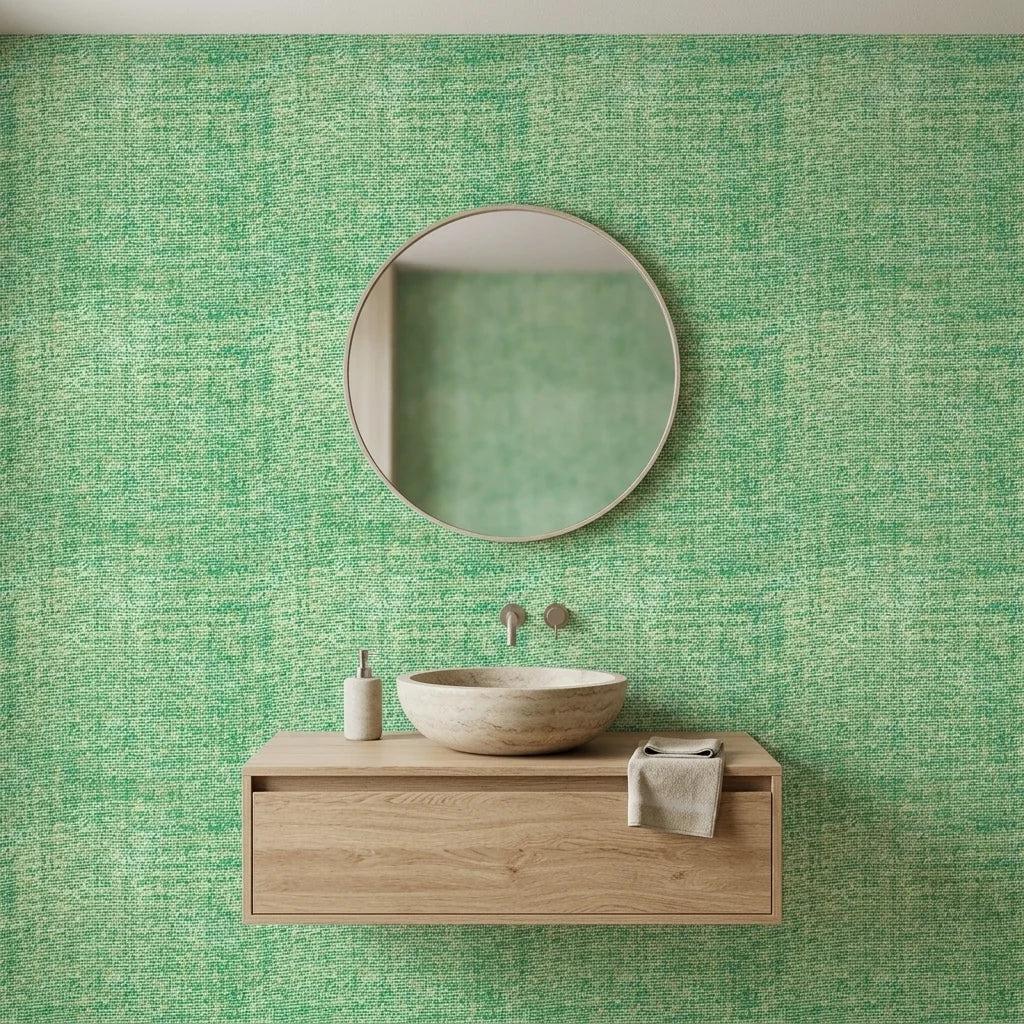 Moss Field green organic texture wallpaper creating ambiance in a serene bathroom