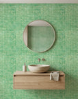 Moss Field green organic texture wallpaper creating ambiance in a serene bathroom