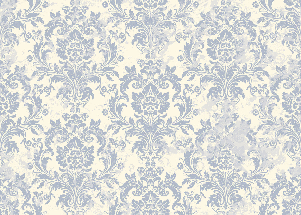 Soft blue and cream vintage damask mosaic peel and stick wallpaper - Moss Rose Mosaic