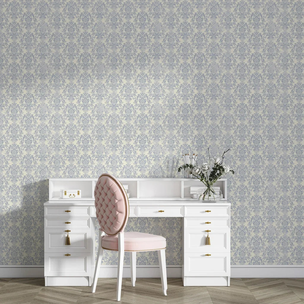 Elegant Moss Rose Mosaic damask wallpaper in soft blue and cream adorning a refined vanity room