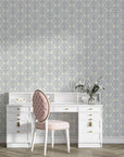 Elegant Moss Rose Mosaic damask wallpaper in soft blue and cream adorning a refined vanity room