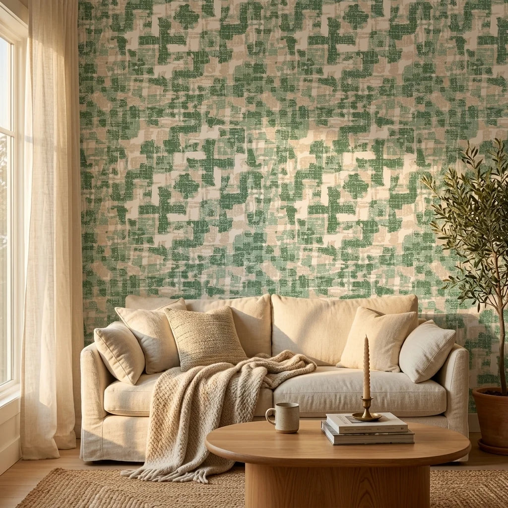 Mossy Ground green abstract peel and stick wallpaper in a warm and inviting living room