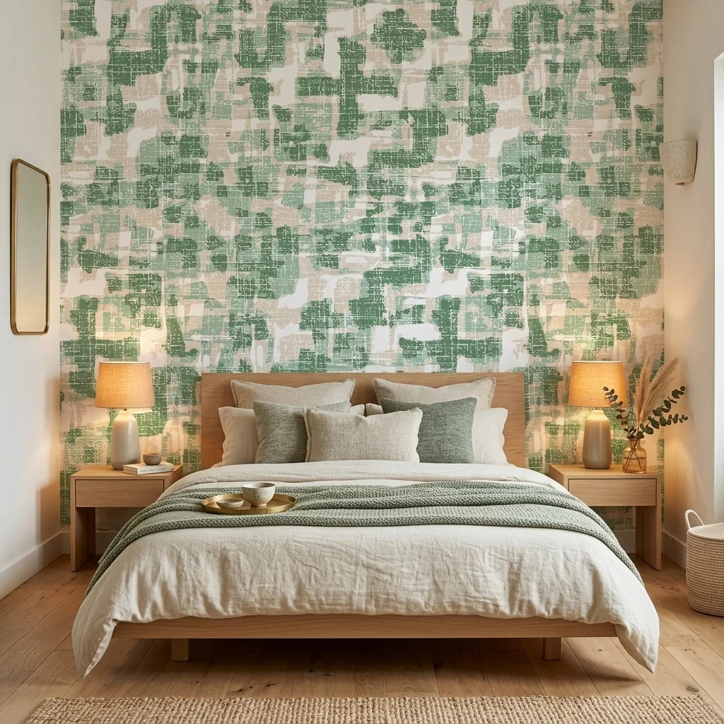 Mossy Ground green abstract peel and stick wallpaper adding character to a cozy bedroom