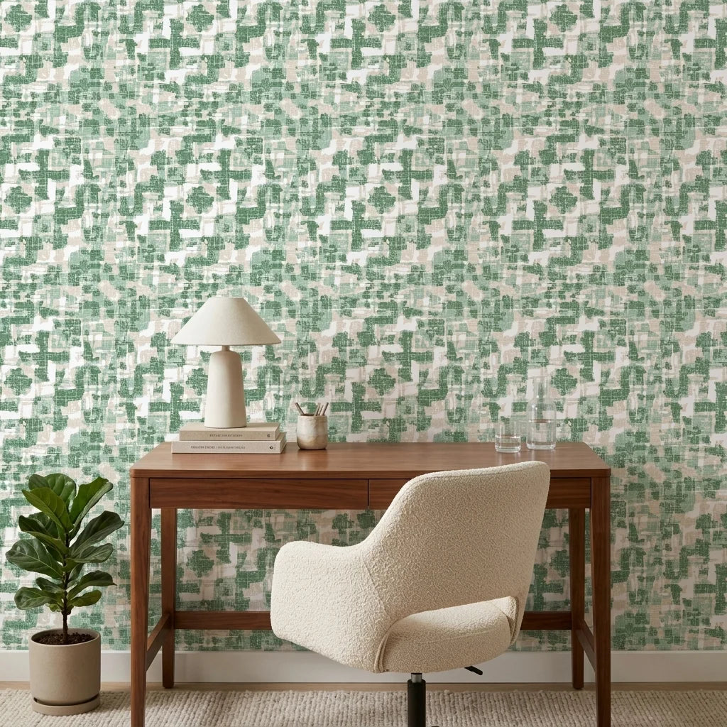 Mossy Ground green abstract peel and stick wallpaper as a feature wall in a bright home office