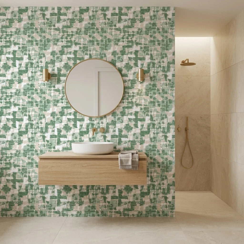 Mossy Ground green abstract peel and stick wallpaper creating ambiance in a serene bathroom