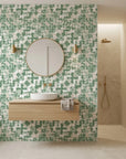 Mossy Ground green abstract peel and stick wallpaper creating ambiance in a serene bathroom