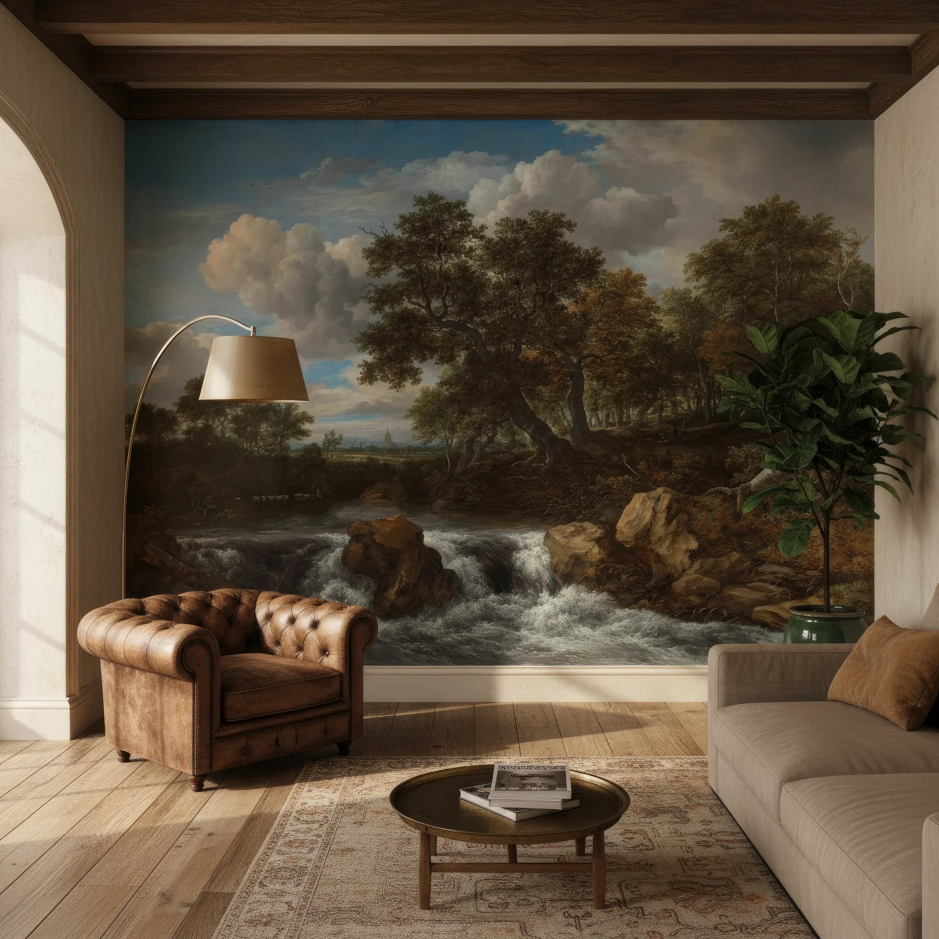 Classical landscape mural wallpaper featuring cascading waterfall with ancient trees and dramatic clouded sky