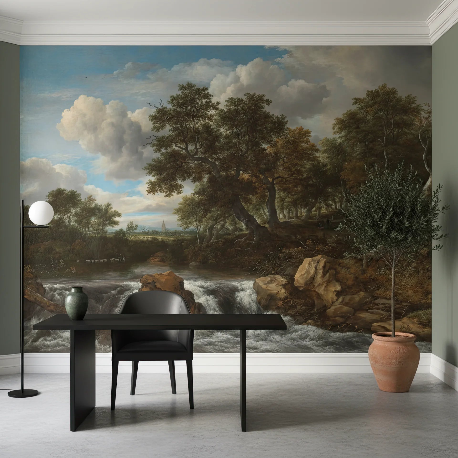 Classical landscape mural wallpaper featuring waterfall, ancient trees, and dramatic clouds in earth tones