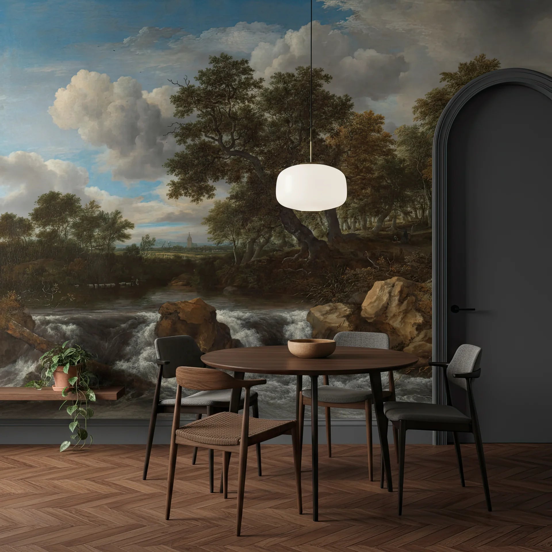 Classical landscape mural wallpaper featuring Mountain Castle Lookout with waterfall and dramatic sky in modern dining room