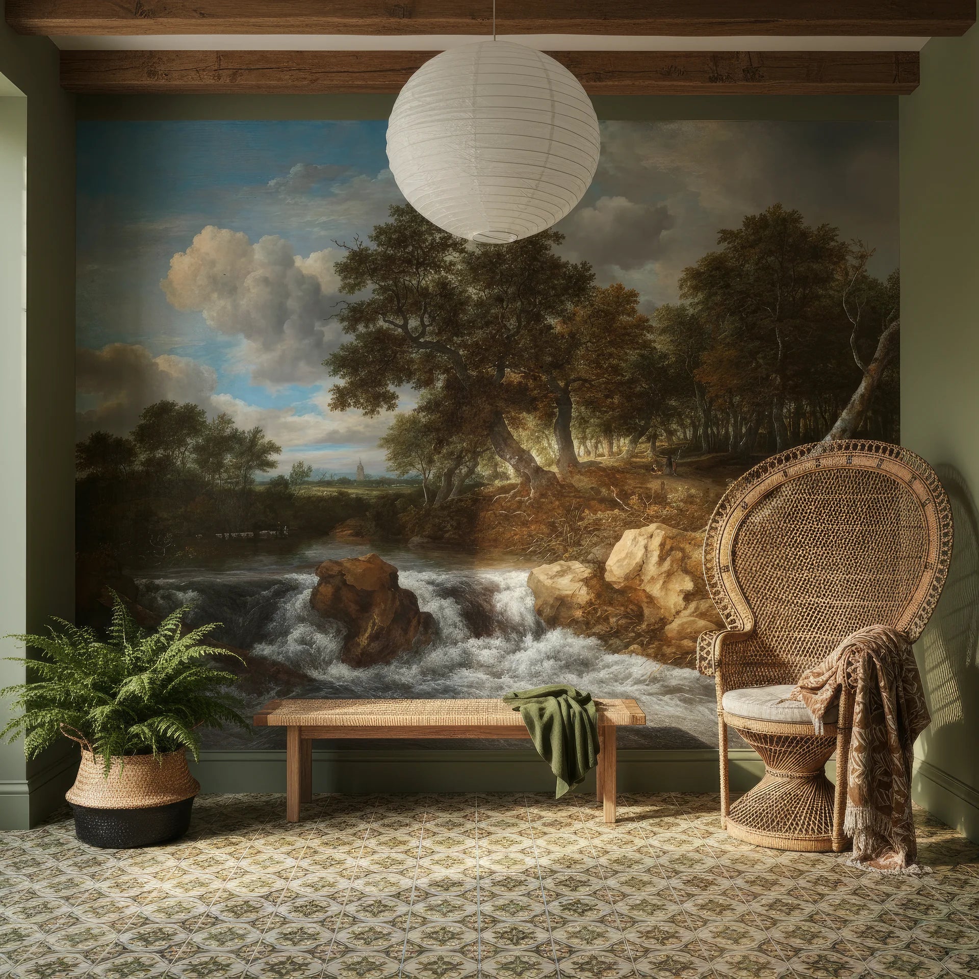 Classical landscape mural wallpaper featuring rushing waterfall and forest in earth tones on bohemian living room wall