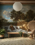 Classical landscape mural wallpaper featuring rushing waterfall and forest in earth tones on bohemian living room wall