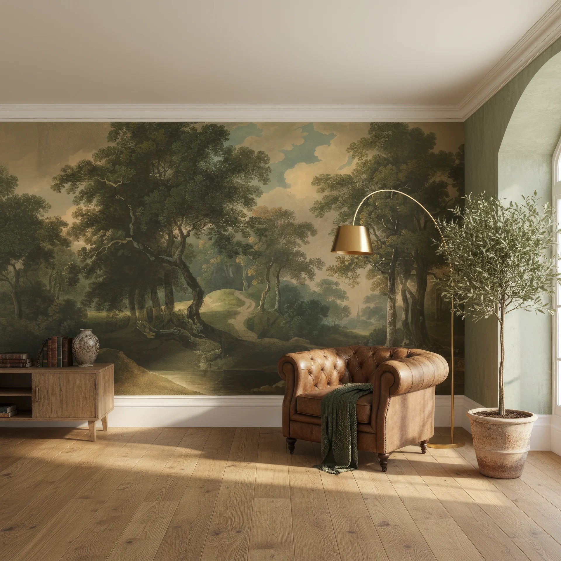 Classical landscape mural wallpaper featuring green forest trees and golden sky in traditional living room setting