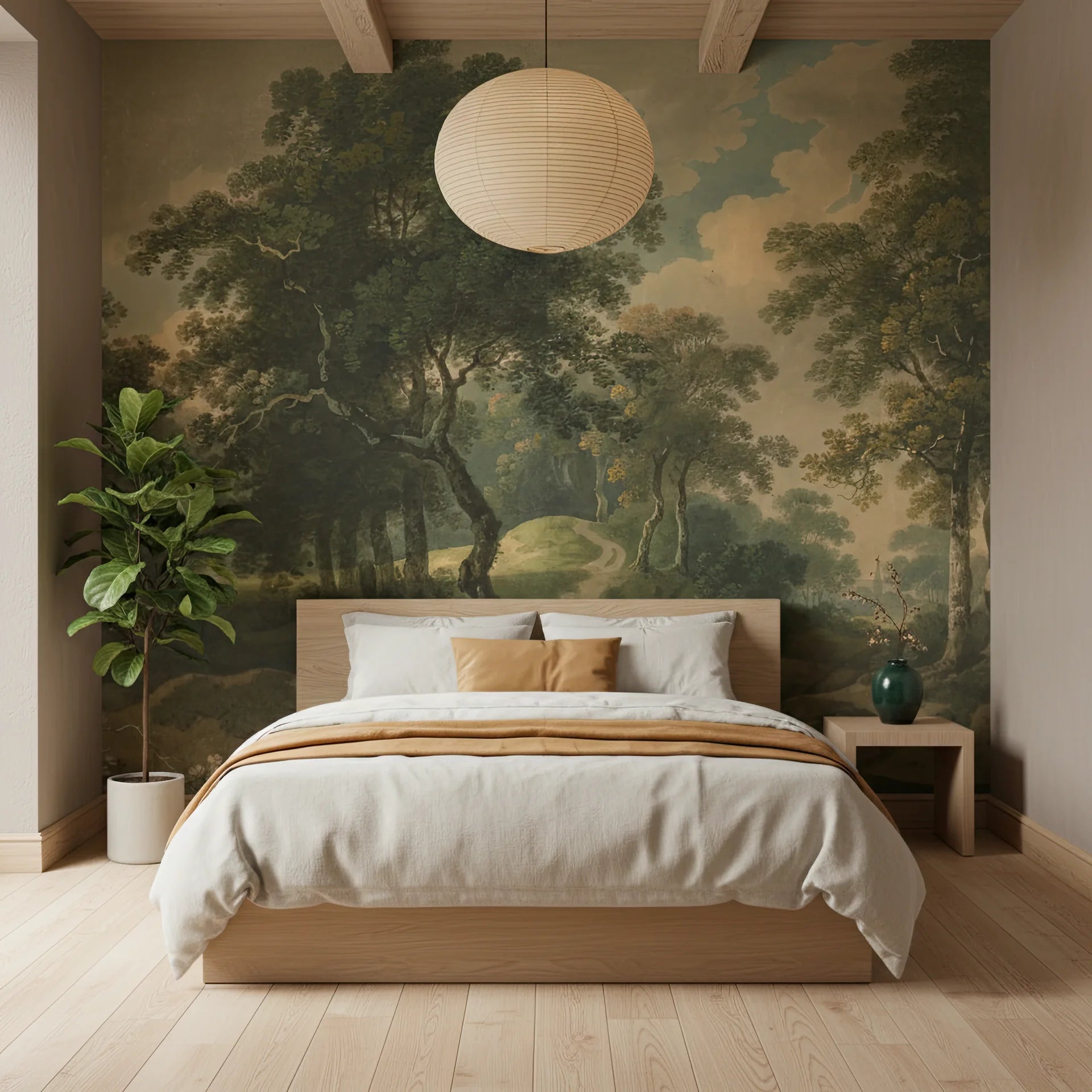 Forest landscape Mountain Passage wallpaper with ancient trees in sage green and cream tones on bedroom wall