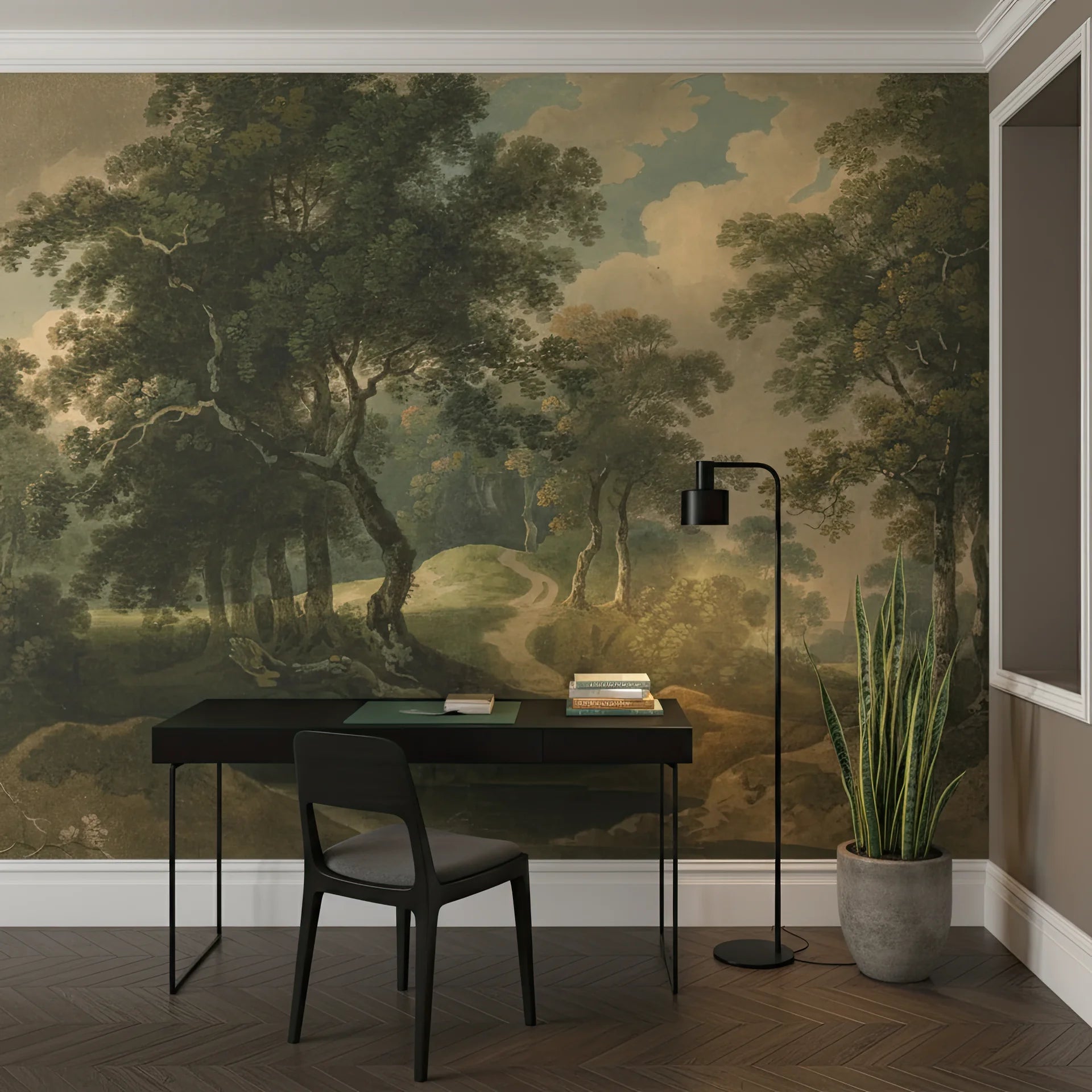 Mountain Passage forest mural wallpaper with vintage trees and winding path in home office setting