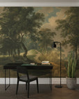 Mountain Passage forest mural wallpaper with vintage trees and winding path in home office setting