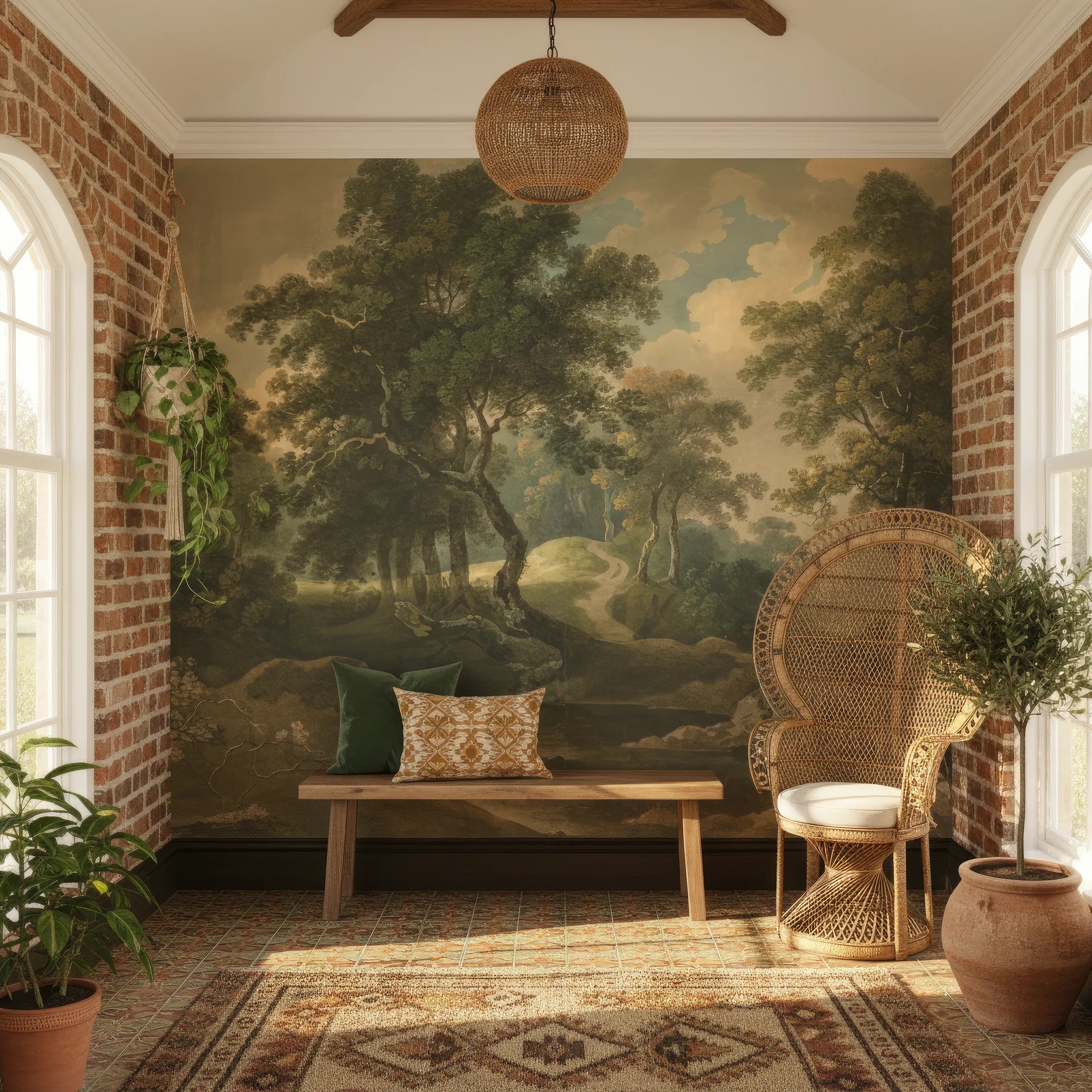 Classical landscape mural wallpaper depicting forest path with ancient trees in sage and amber tones