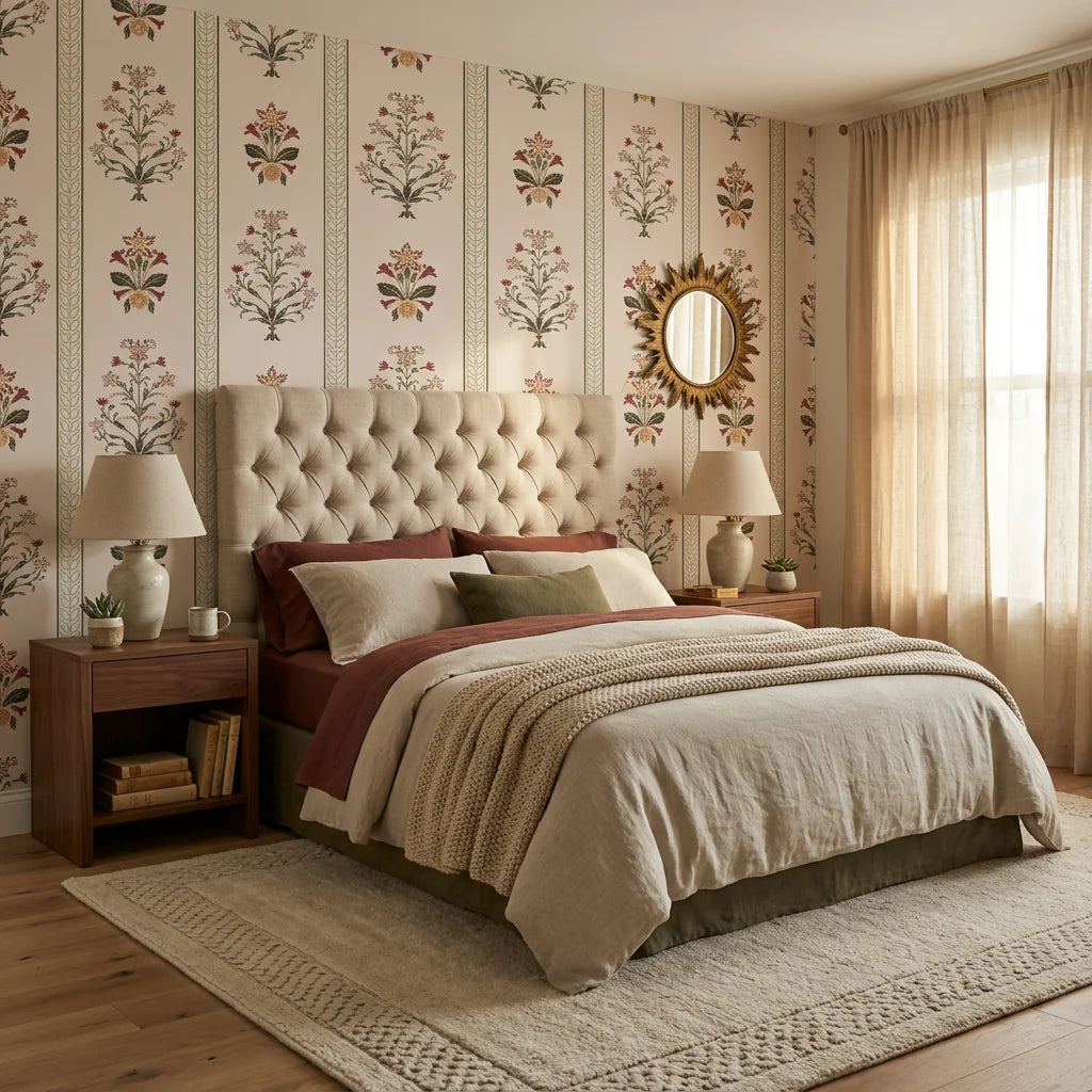 Mughal Garden ornate floral wallpaper in a warm and inviting living room